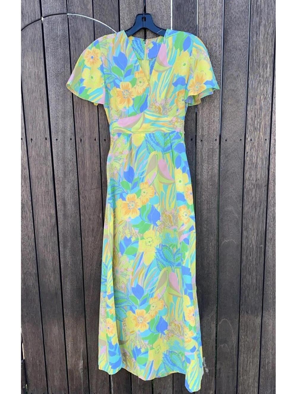 Vintage 1970’s Handmade Neon Floral A Line Maxi Dress With Flutter Sleeves Small